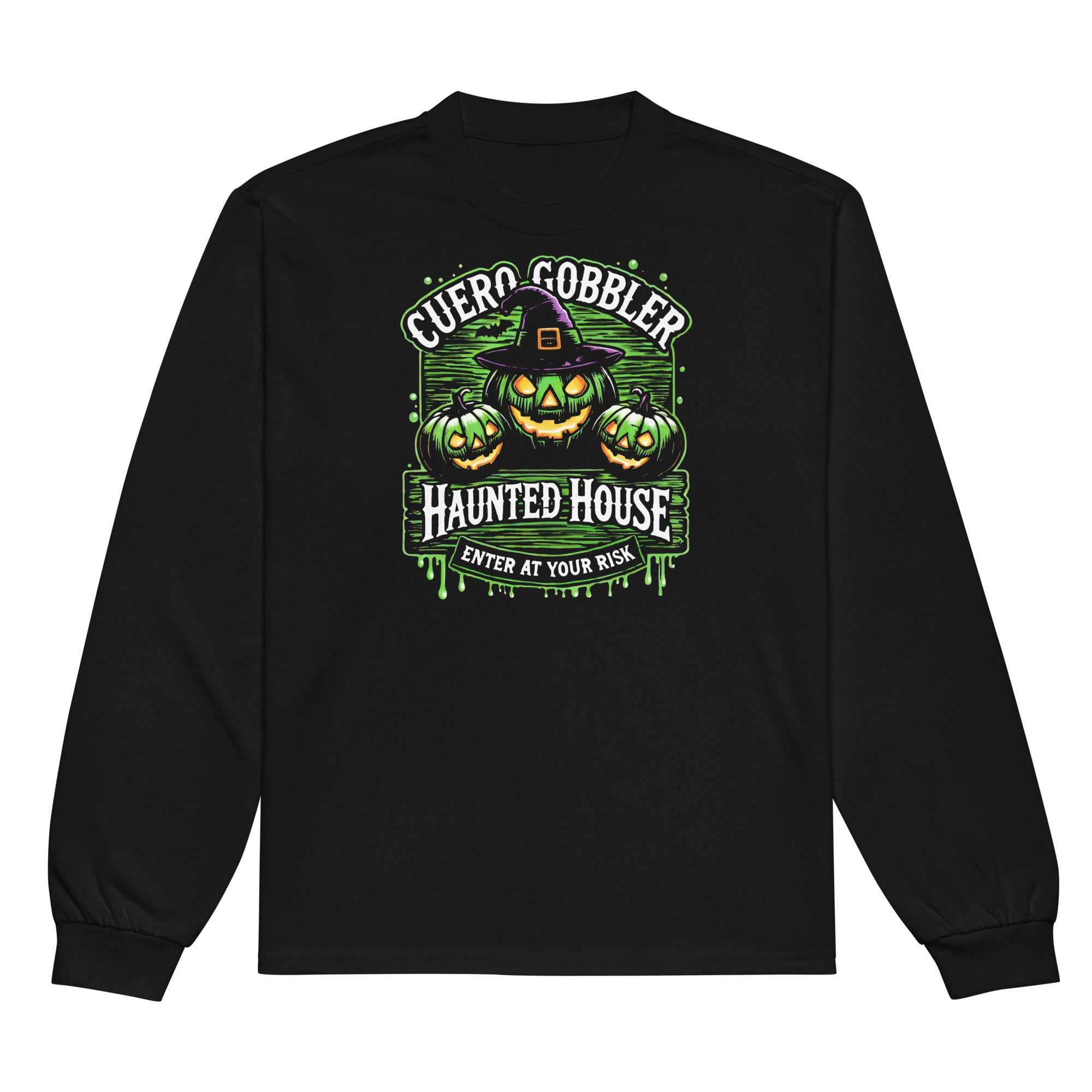 Cuero Gobbler Haunted House Premium heavyweight long sleeve Adult shirt - CueroThreads LLC