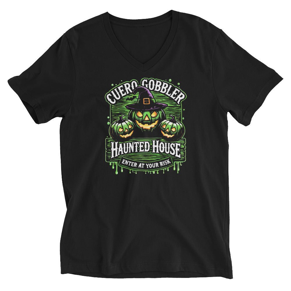 Cuero Gobbler Haunted House Short Sleeve Bella Canvas V - Neck T-Shirt - CueroThreads LLC