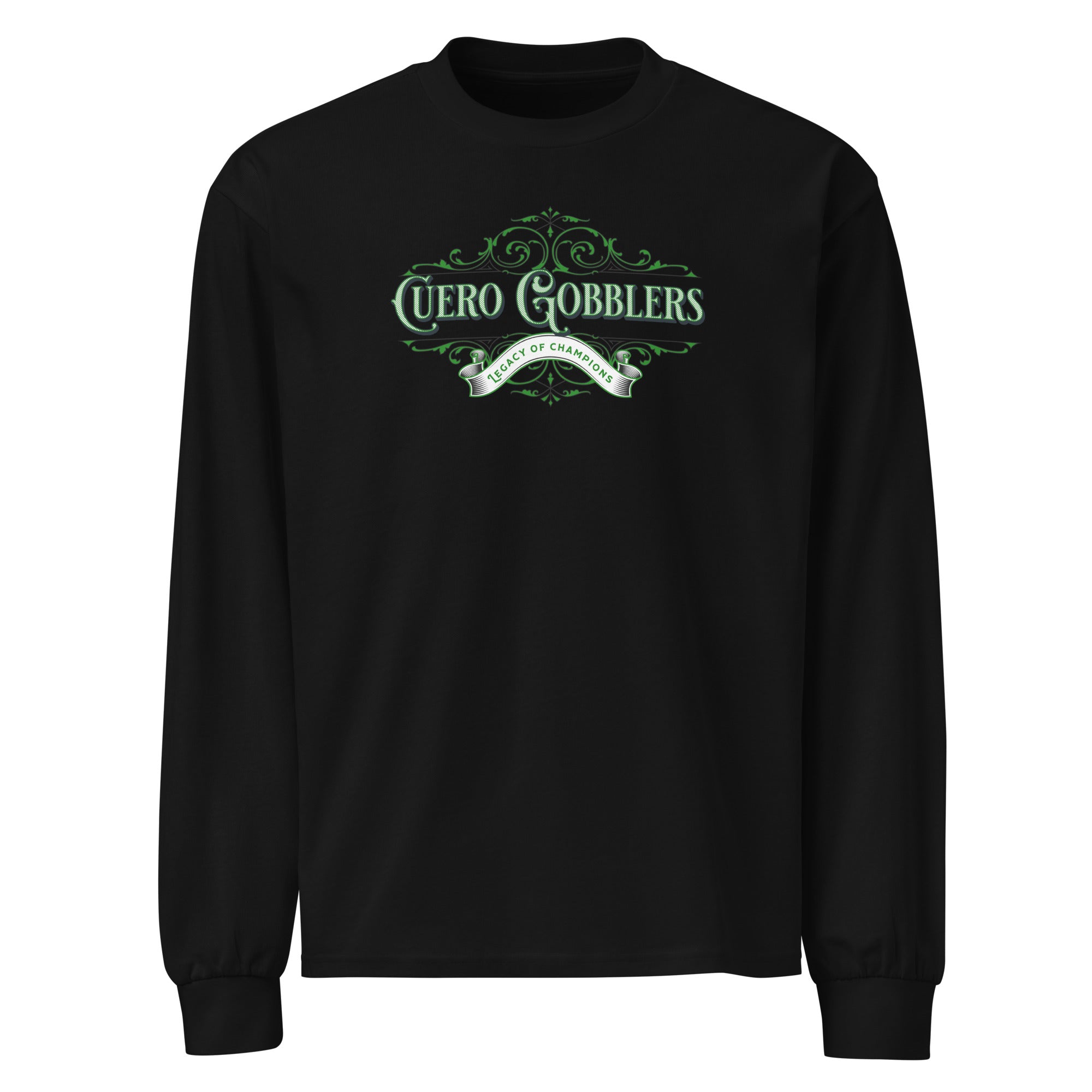 Filigree Vintage Cuero Gobbler Script "Legacy of Champions" Premium heavyweight long sleeve shirt - CueroThreads LLC