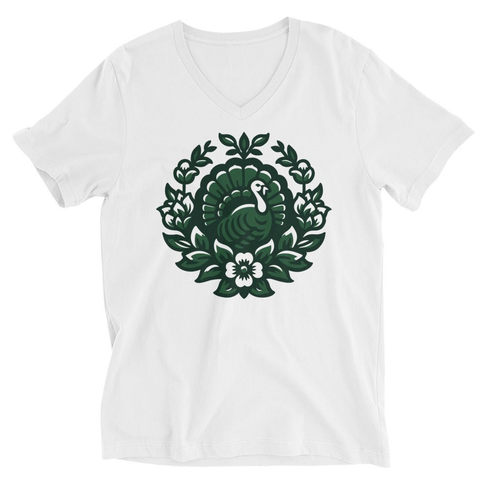 Floral Crest Turkey Gobbler Unisex Short Sleeve V - Neck T-Shirt - CueroThreads LLC